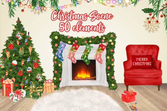 Christmas House Scene Xmas Fireplace: Festive Illustrations