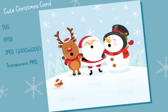 Cute Christmas Card with Santa, Snowman: Festive Illustrations
