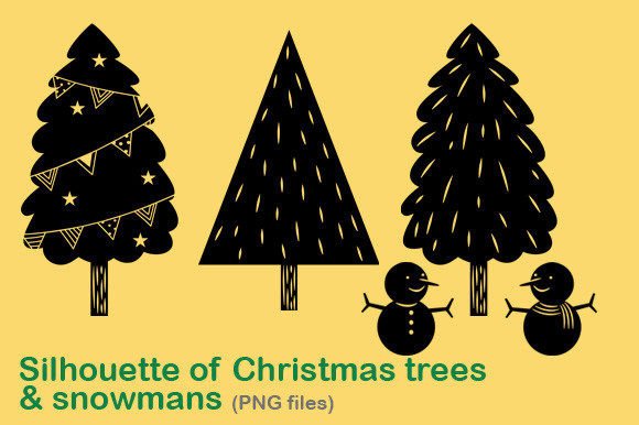 Silhouette of Christmas Trees Snowmans: Premium Illustrations