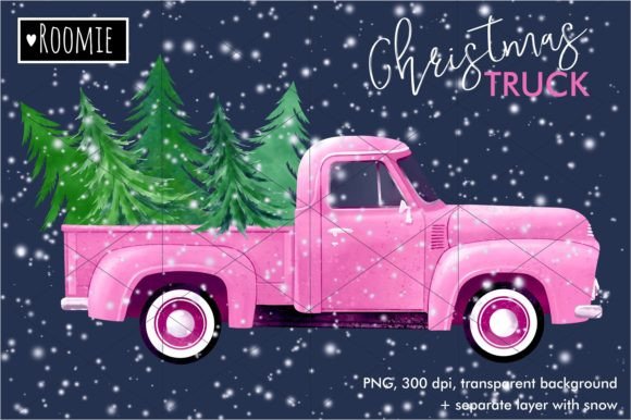 Watercolor Christmas Pink Truck PNG for Illustrations